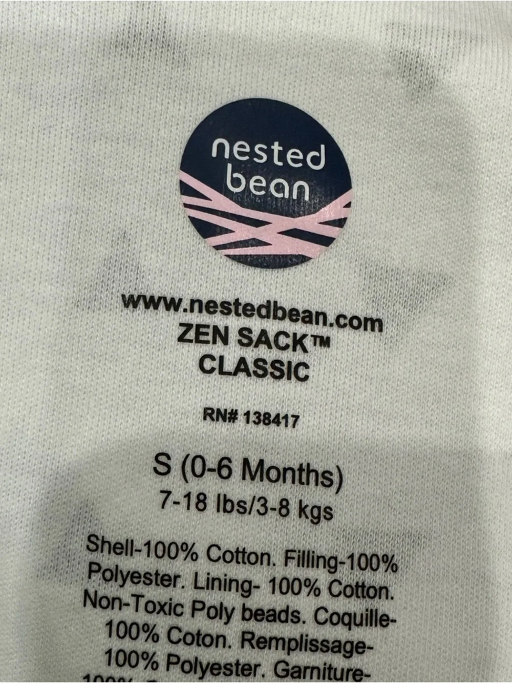 Bean‎ Zen Sack Sleep Sack Small 0-6 Months Wearable Blanket 100% Cotton White